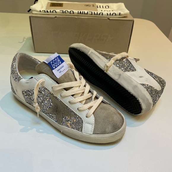 Golden Goose Superstar Sneaker White Leather/Silver Glitter/Taupe Suede 38 NIB - Picture 13 of 15